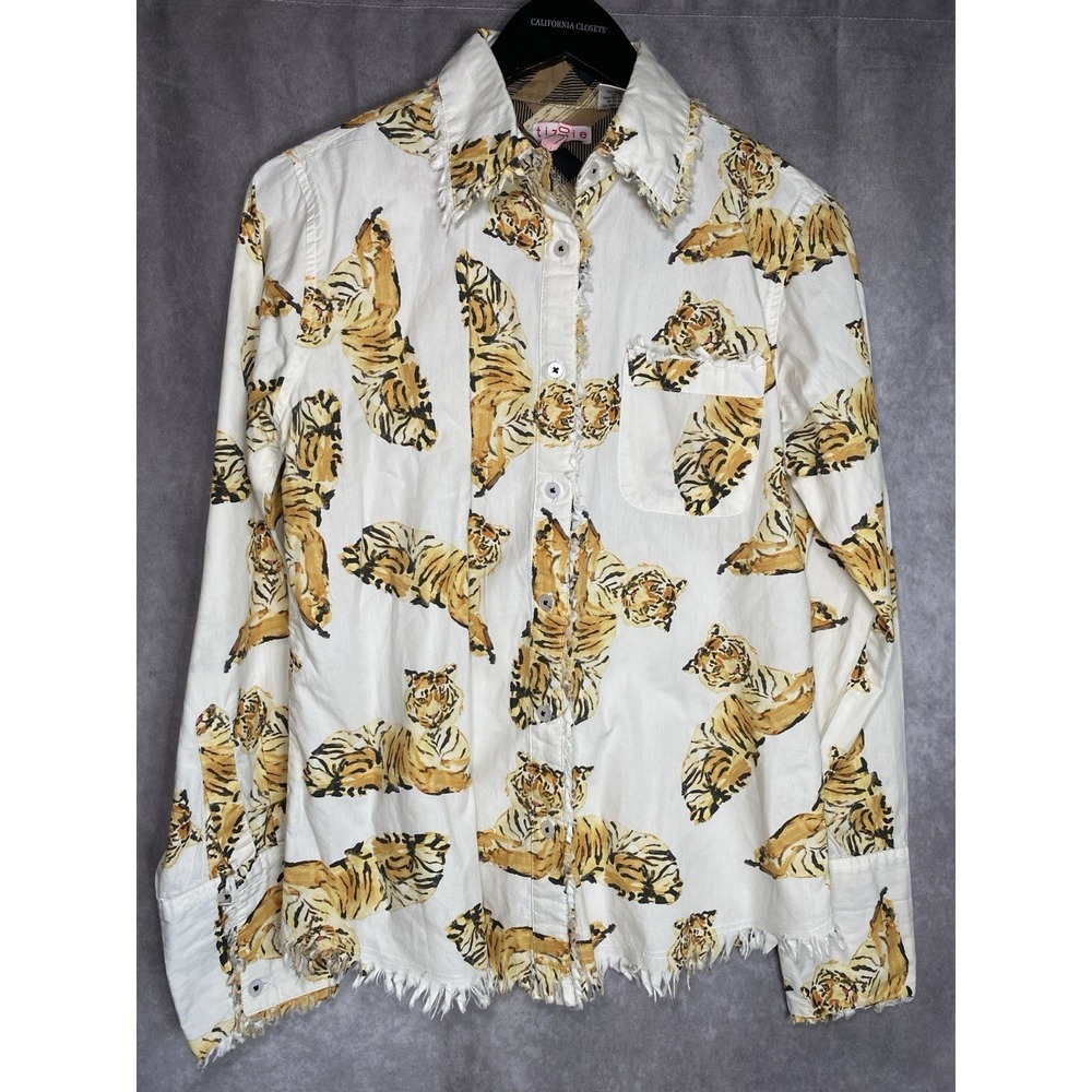 Tizzie Small Top Tiger Animal Print Cotton Button Up Shirt Boutique Blouse
